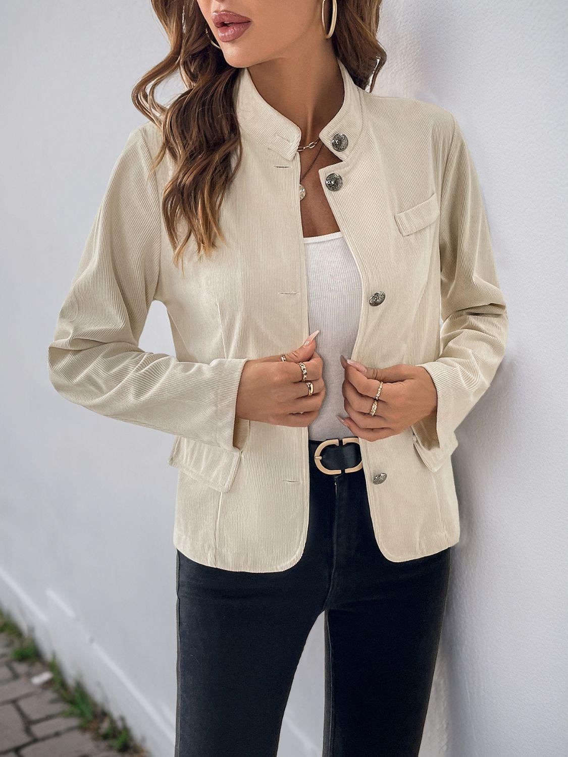 Perfee Button Up Mock Neck Jacket - Clothes For Her Online Store