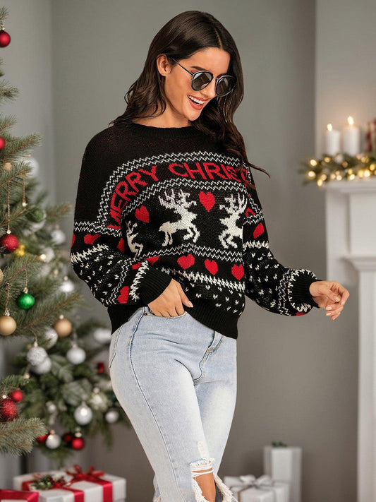 Perfee Christmas Element Round Neck Sweater - Clothes For Her Online Store