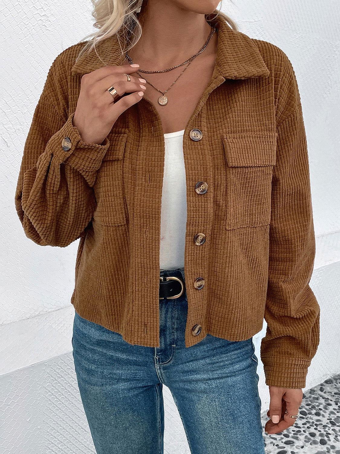 Perfee Collared Neck Button Front Jacket with Pockets - Clothes For Her Online Store
