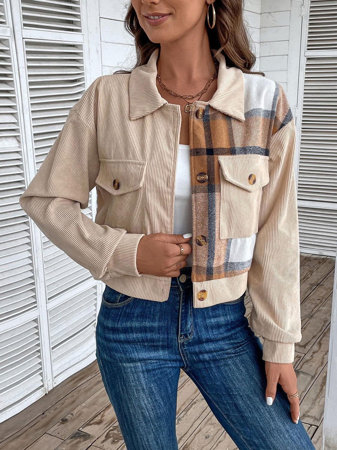 Perfee Color Block Collared Neck Button-Up Jacket - Clothes For Her Online Store