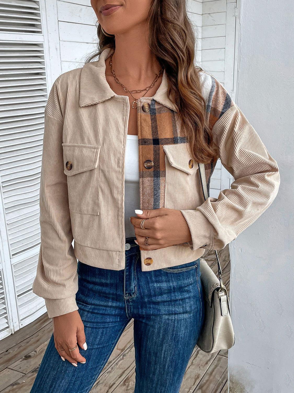 Perfee Color Block Collared Neck Button-Up Jacket - Clothes For Her Online Store