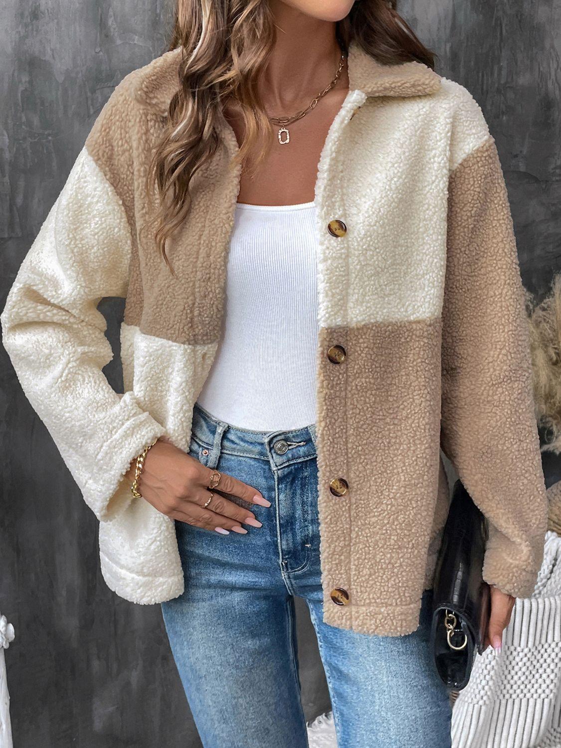 Perfee Color Block Collared Neck Long Sleeve Jacket - Clothes For Her Online Store