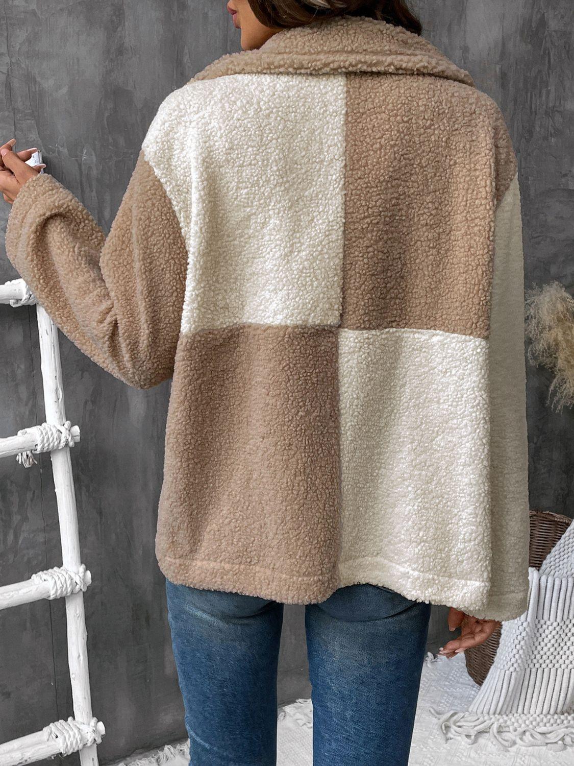 Perfee Color Block Collared Neck Long Sleeve Jacket - Clothes For Her Online Store