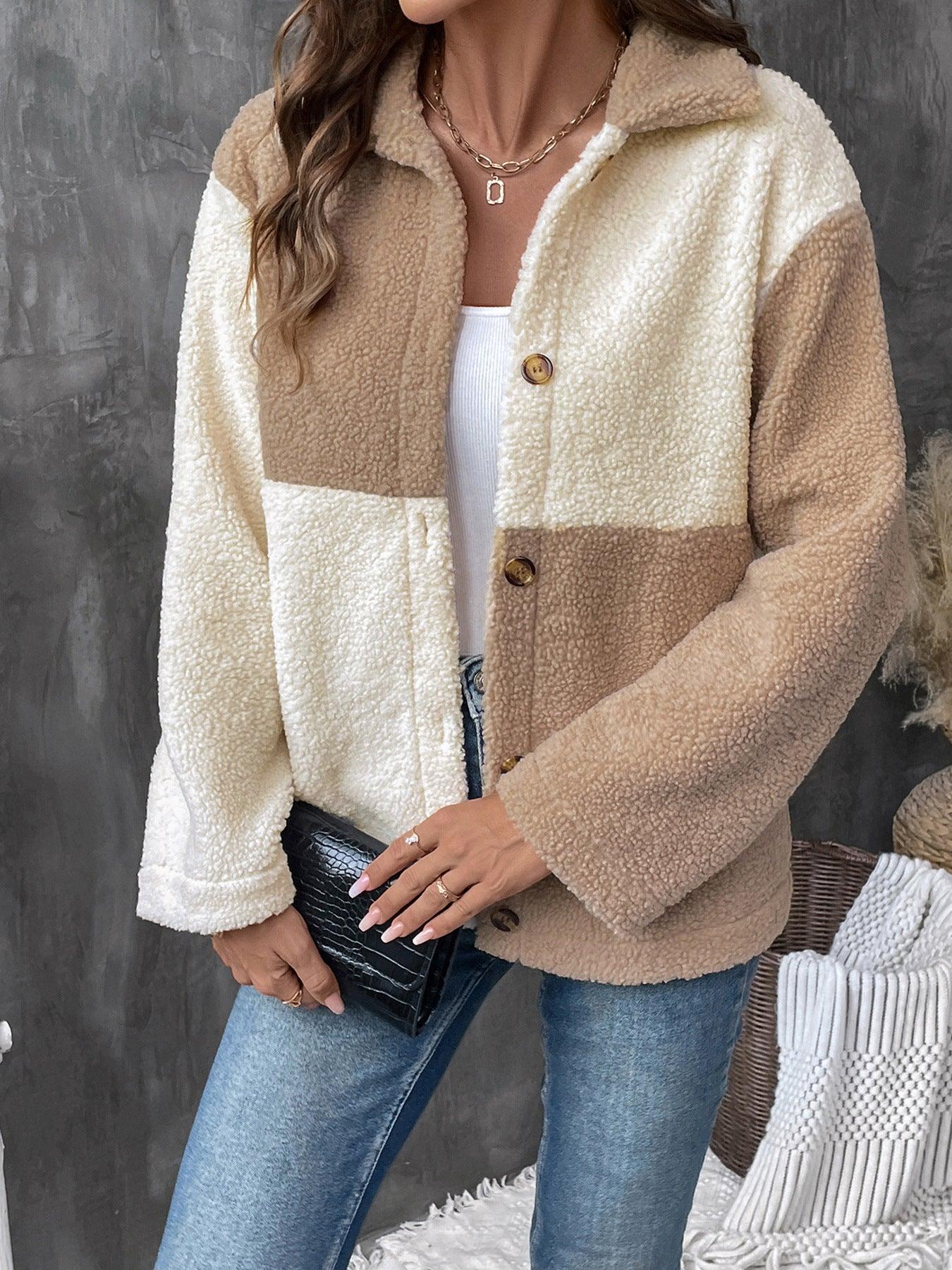 Perfee Color Block Collared Neck Long Sleeve Jacket - Clothes For Her Online Store