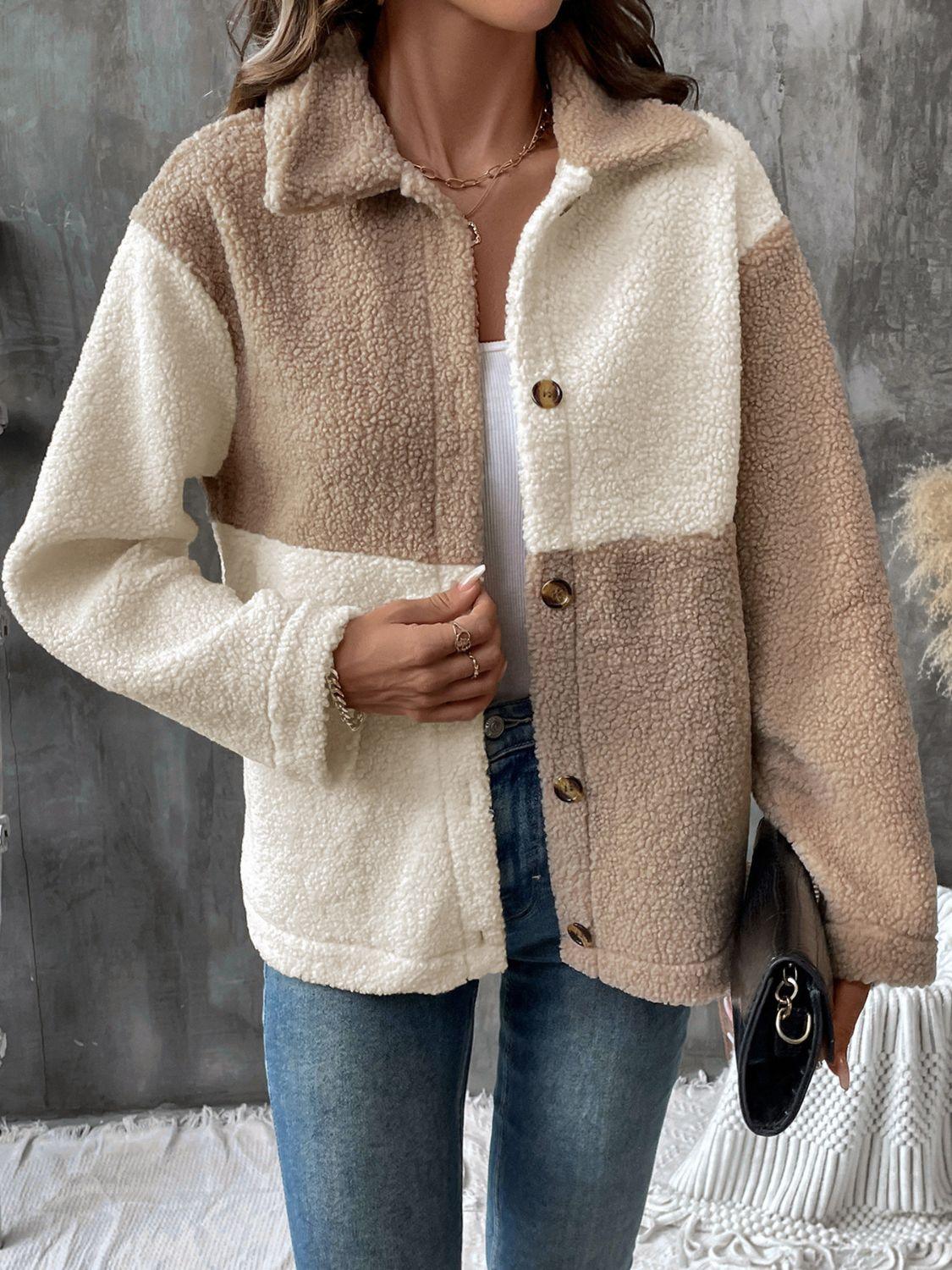 Perfee Color Block Collared Neck Long Sleeve Jacket - Clothes For Her Online Store