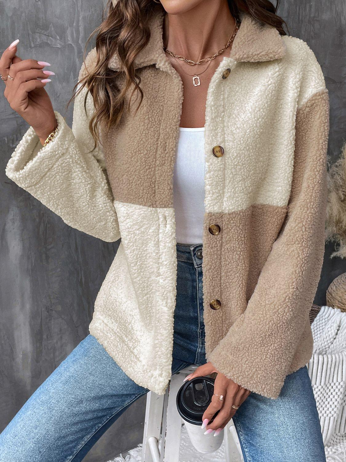 Perfee Color Block Collared Neck Long Sleeve Jacket - Clothes For Her Online Store