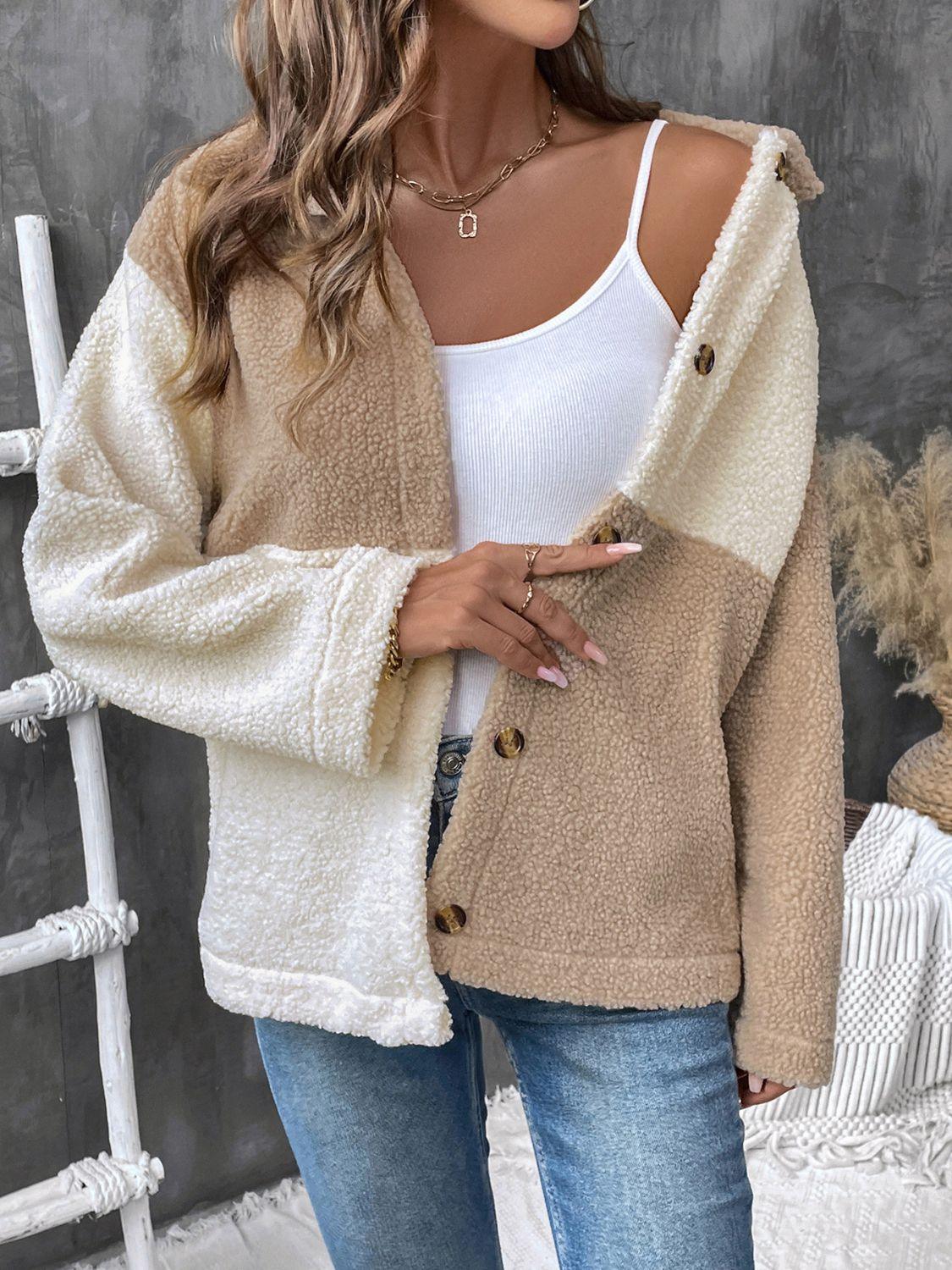 Perfee Color Block Collared Neck Long Sleeve Jacket - Clothes For Her Online Store