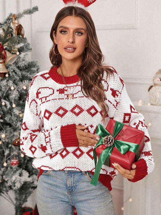 Perfee Contrast Geometric Round Neck Long Sleeve Sweater - Clothes For Her Online Store
