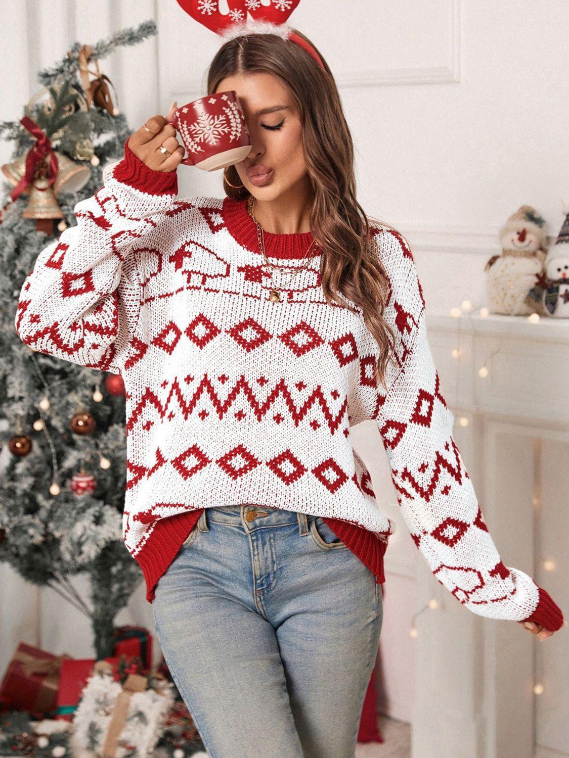 Perfee Contrast Geometric Round Neck Long Sleeve Sweater - Clothes For Her Online Store