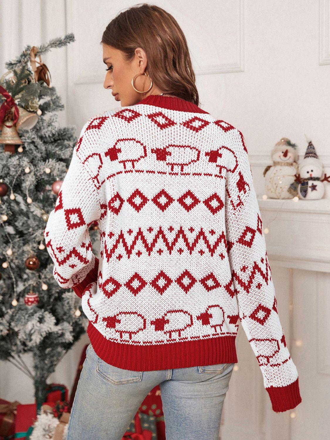 Perfee Contrast Geometric Round Neck Long Sleeve Sweater - Clothes For Her Online Store