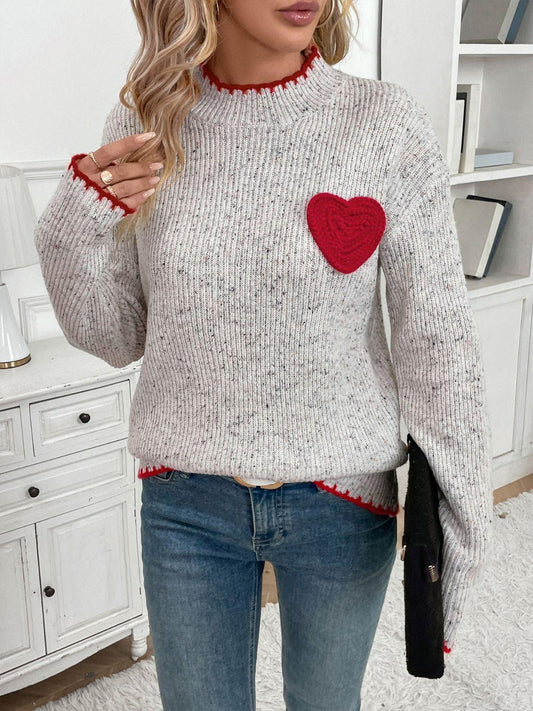 Perfee Contrast Heart Round Neck Long Sleeve Sweater - Clothes For Her Online Store
