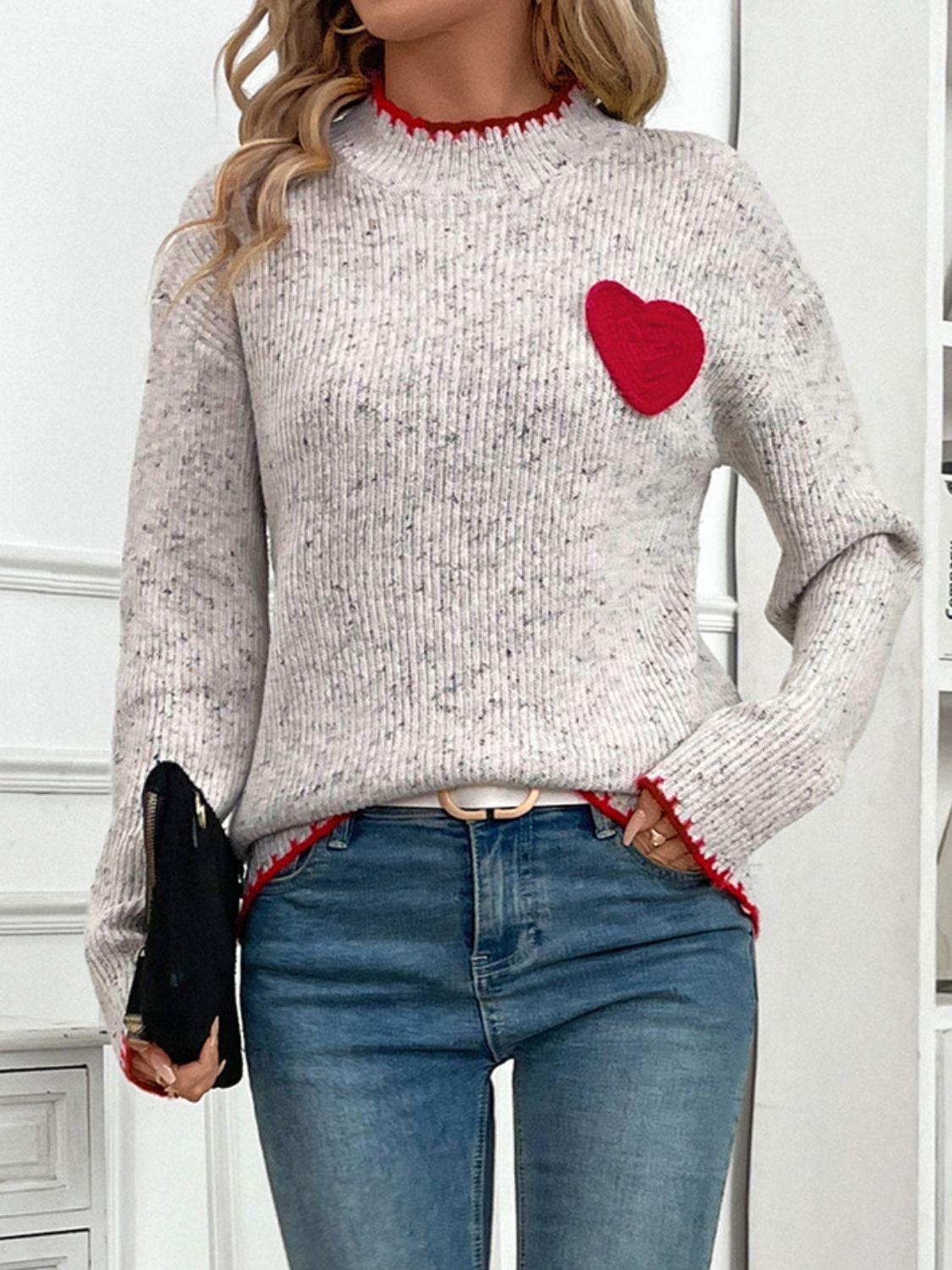 Perfee Contrast Heart Round Neck Long Sleeve Sweater - Clothes For Her Online Store