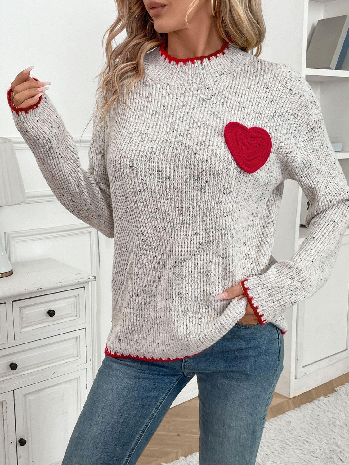 Perfee Contrast Heart Round Neck Long Sleeve Sweater - Clothes For Her Online Store