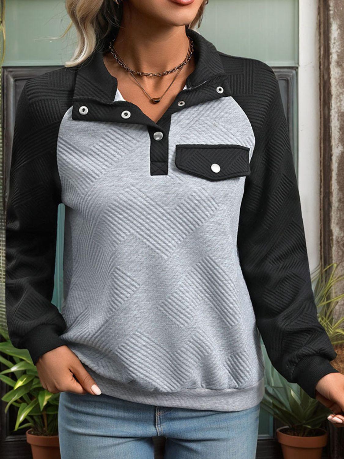 Perfee Contrast Textured Long Sleeve Sweatshirt - Clothes For Her Online Store