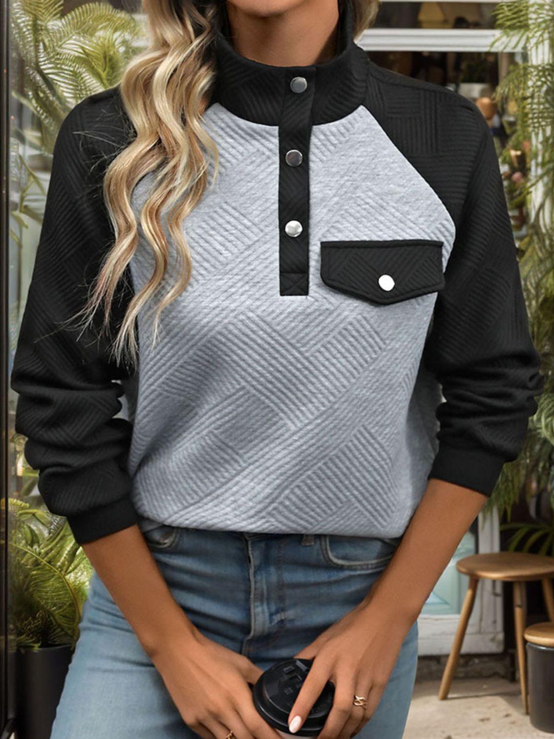 Perfee Contrast Textured Long Sleeve Sweatshirt - Clothes For Her Online Store