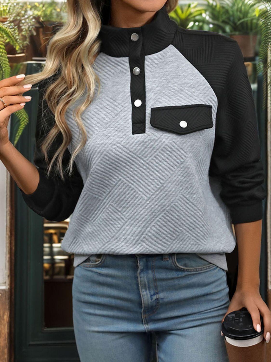 Perfee Contrast Textured Long Sleeve Sweatshirt - Clothes For Her Online Store