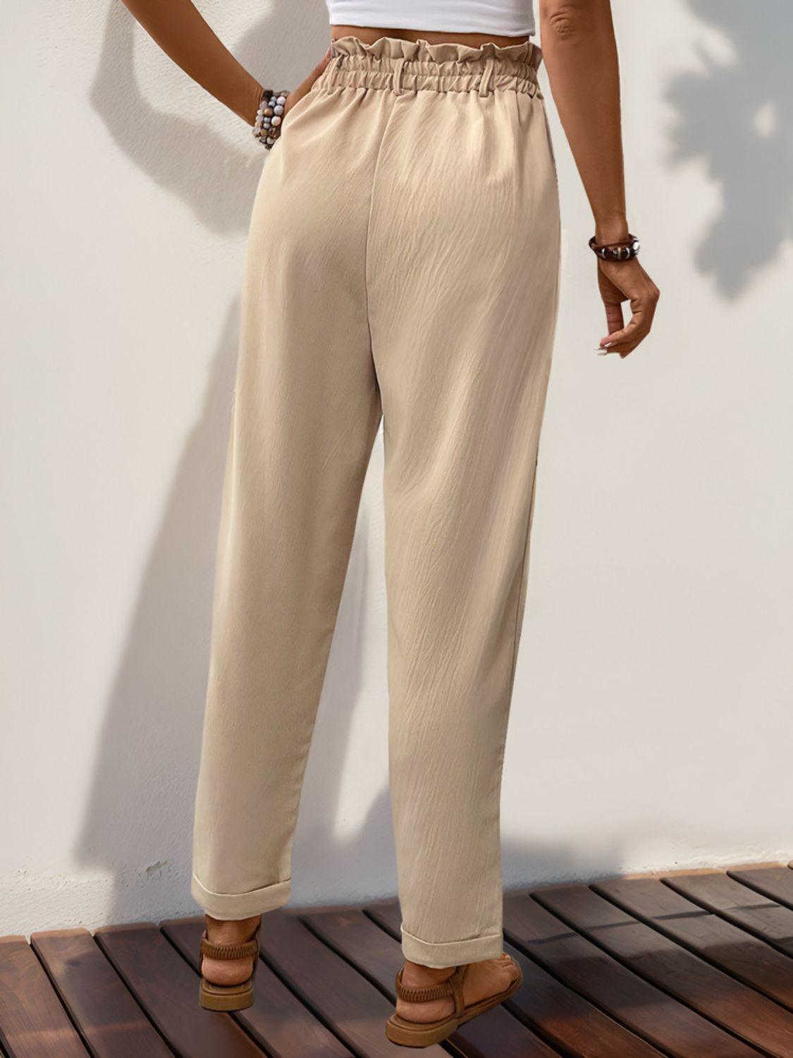 Perfee Frill High Waist Pants with Pockets - Clothes For Her Online Store