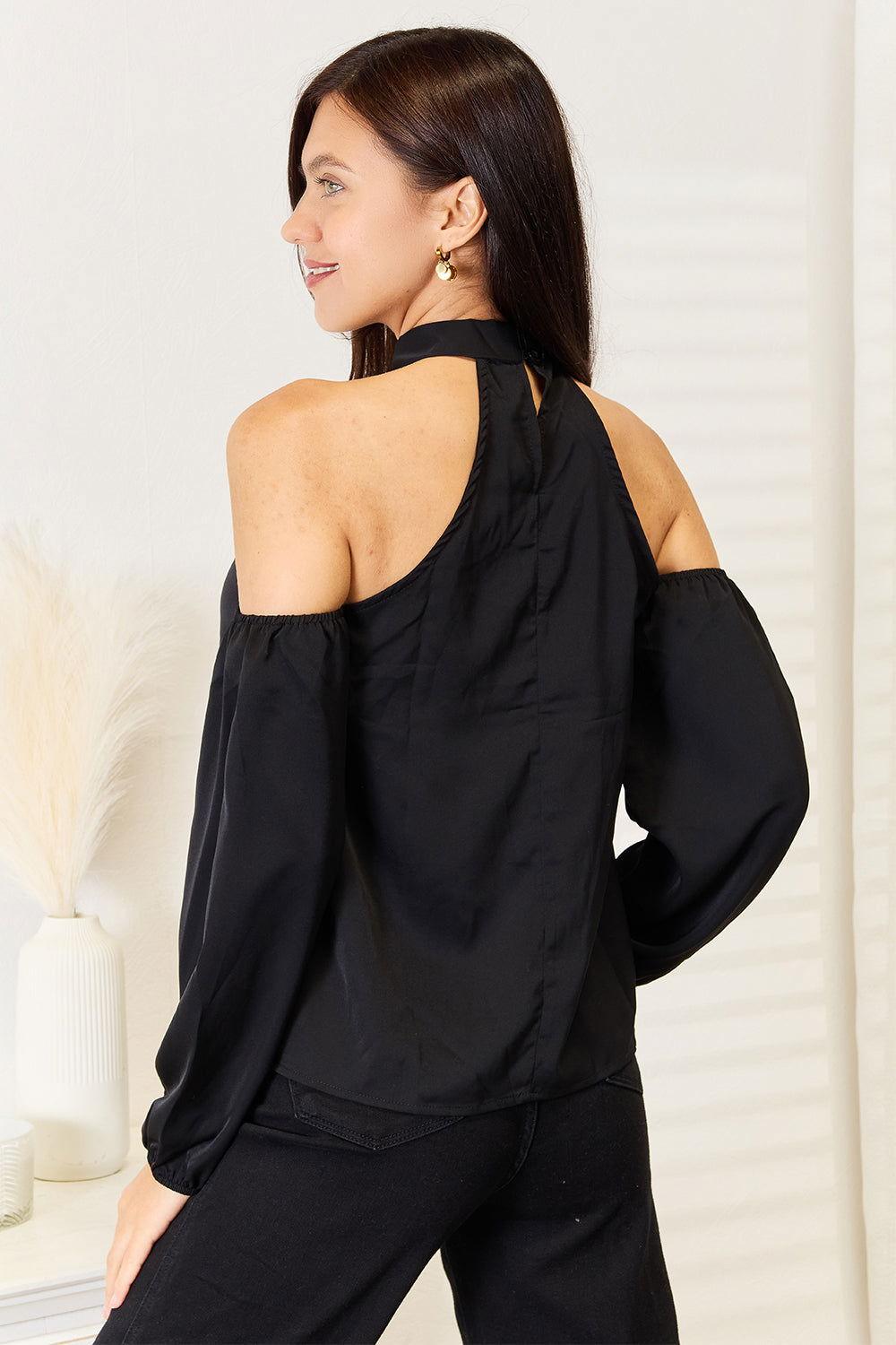 Perfee Grecian Cold Shoulder Long Sleeve Blouse - Clothes For Her Online Store