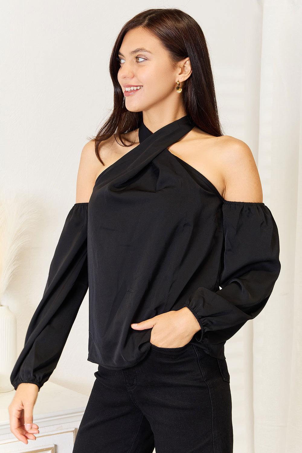 Perfee Grecian Cold Shoulder Long Sleeve Blouse - Clothes For Her Online Store