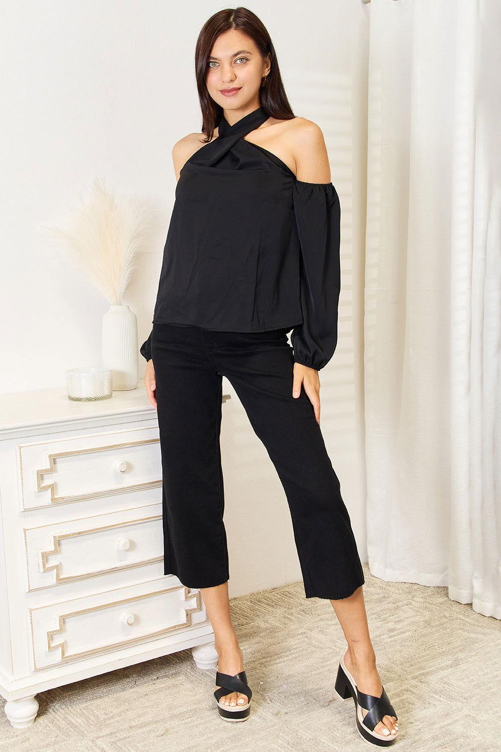 Perfee Grecian Cold Shoulder Long Sleeve Blouse - Clothes For Her Online Store