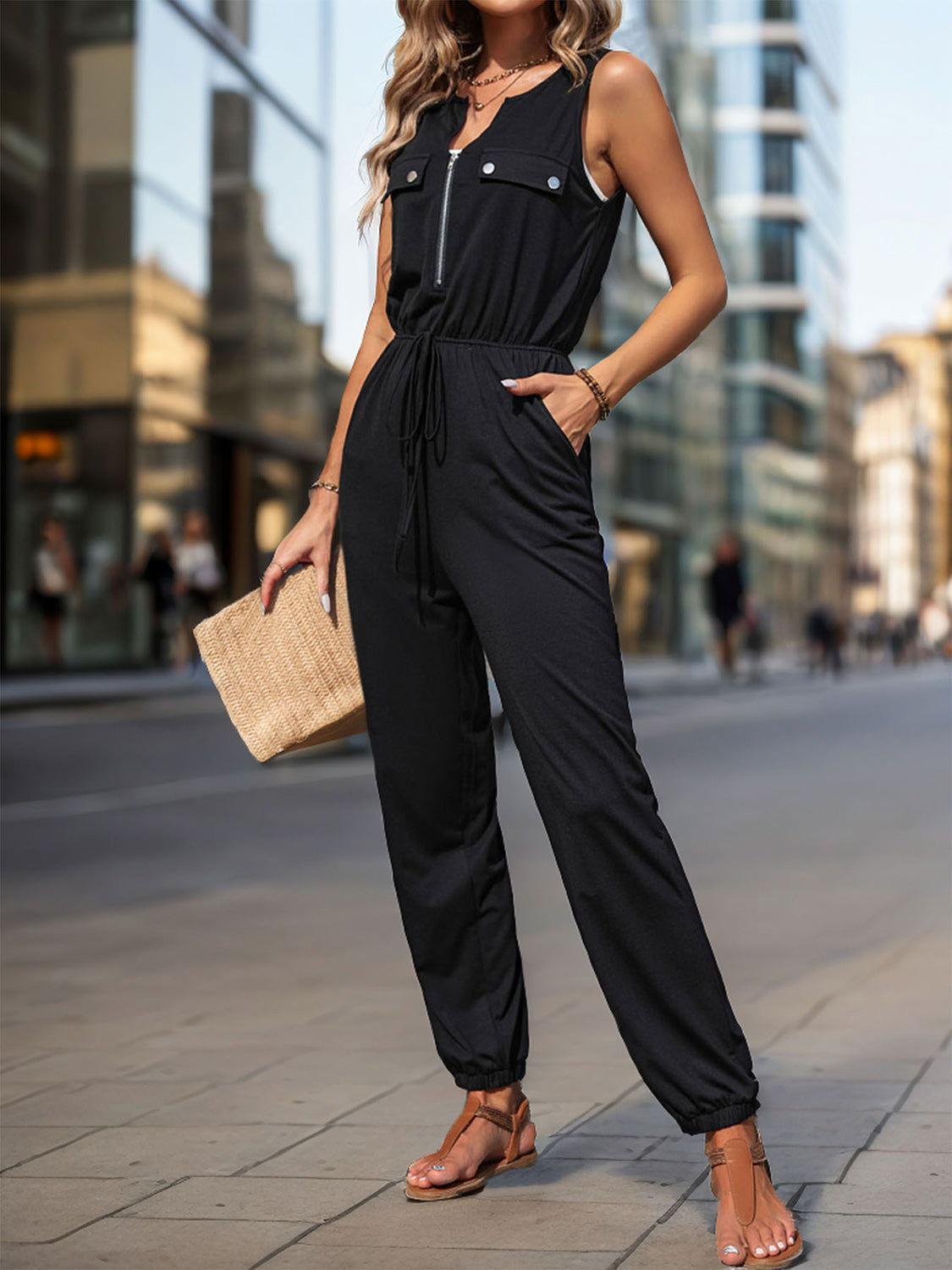 Perfee Half Zip Sleeveless Jumpsuit with Pockets - Clothes For Her Online Store