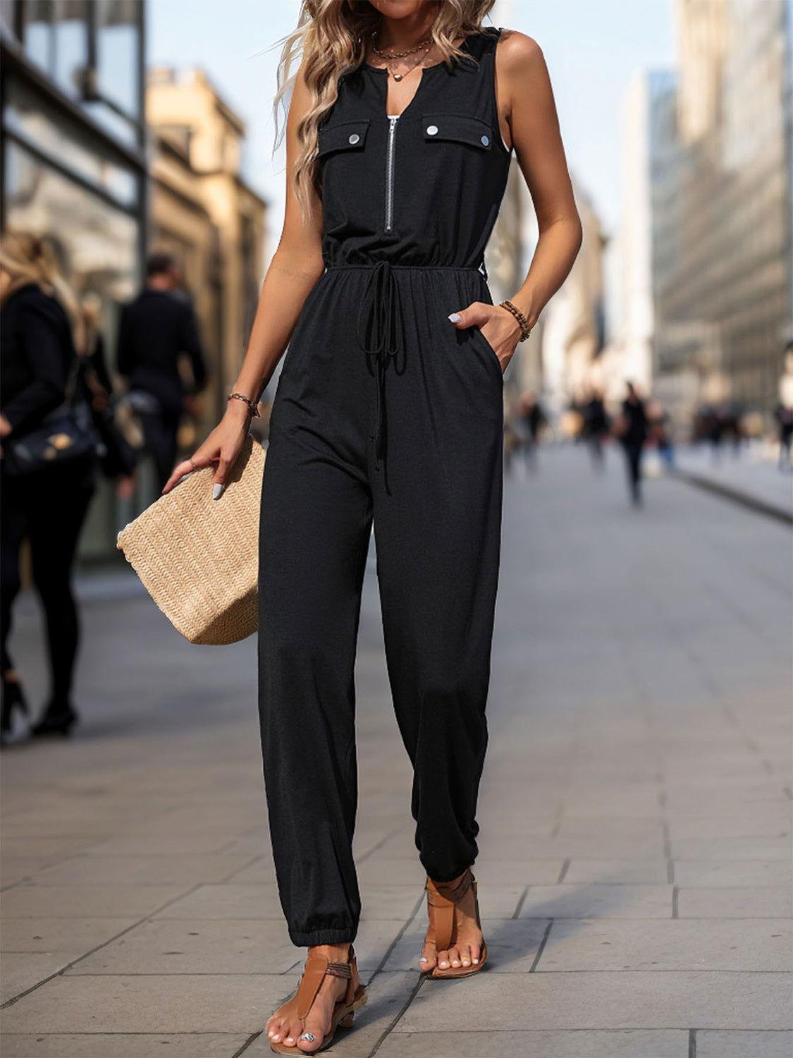 Perfee Half Zip Sleeveless Jumpsuit with Pockets - Clothes For Her Online Store