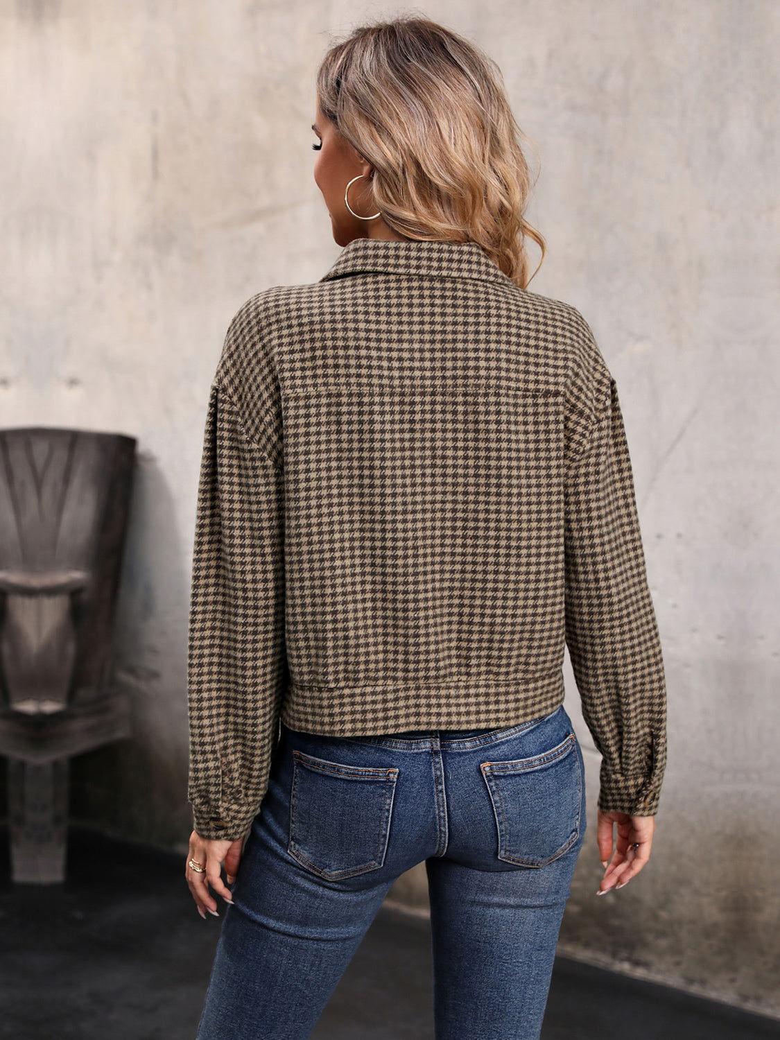Perfee Houndstooth Collared Neck Button Up Jacket - Clothes For Her Online Store