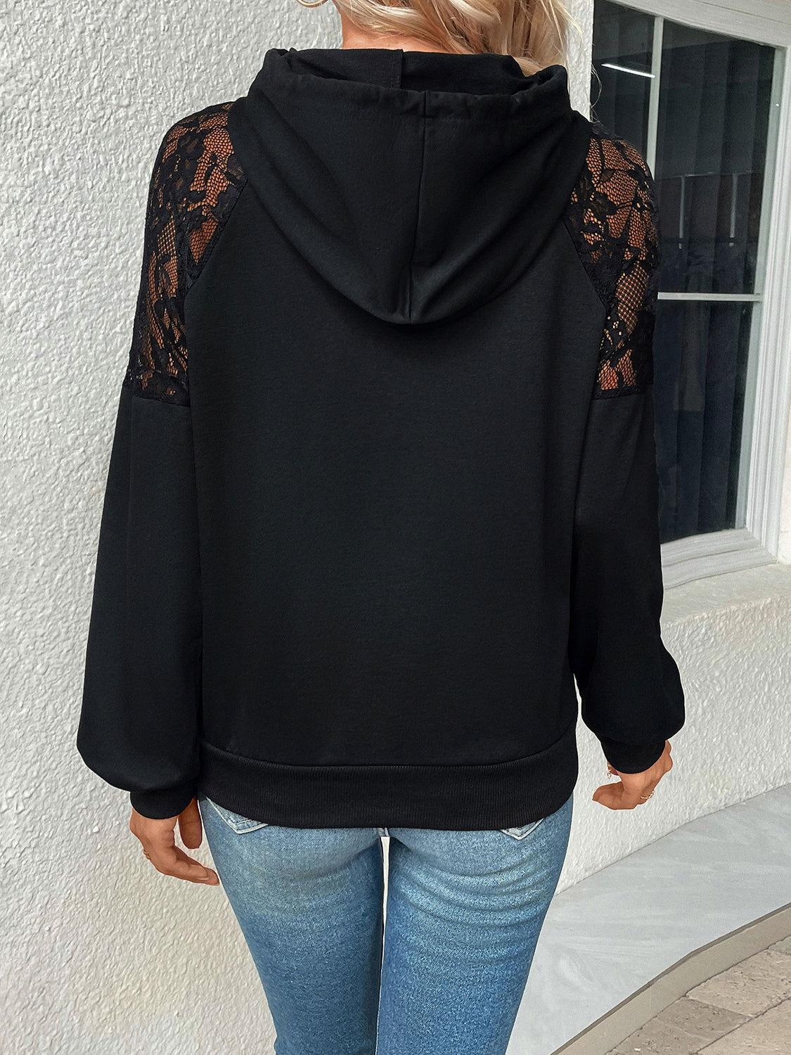 Perfee Lace Detail Drawstring Long Sleeve Hoodie - Clothes For Her Online Store