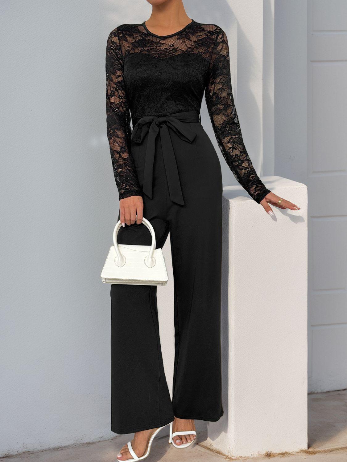 Perfee Lace Round Neck Long Sleeve Jumpsuit - Clothes For Her Online Store