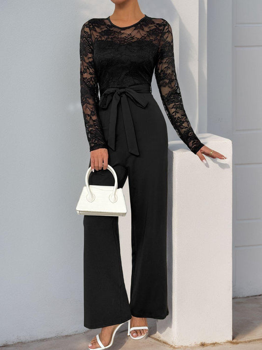 Perfee Lace Round Neck Long Sleeve Jumpsuit - Clothes For Her Online Store