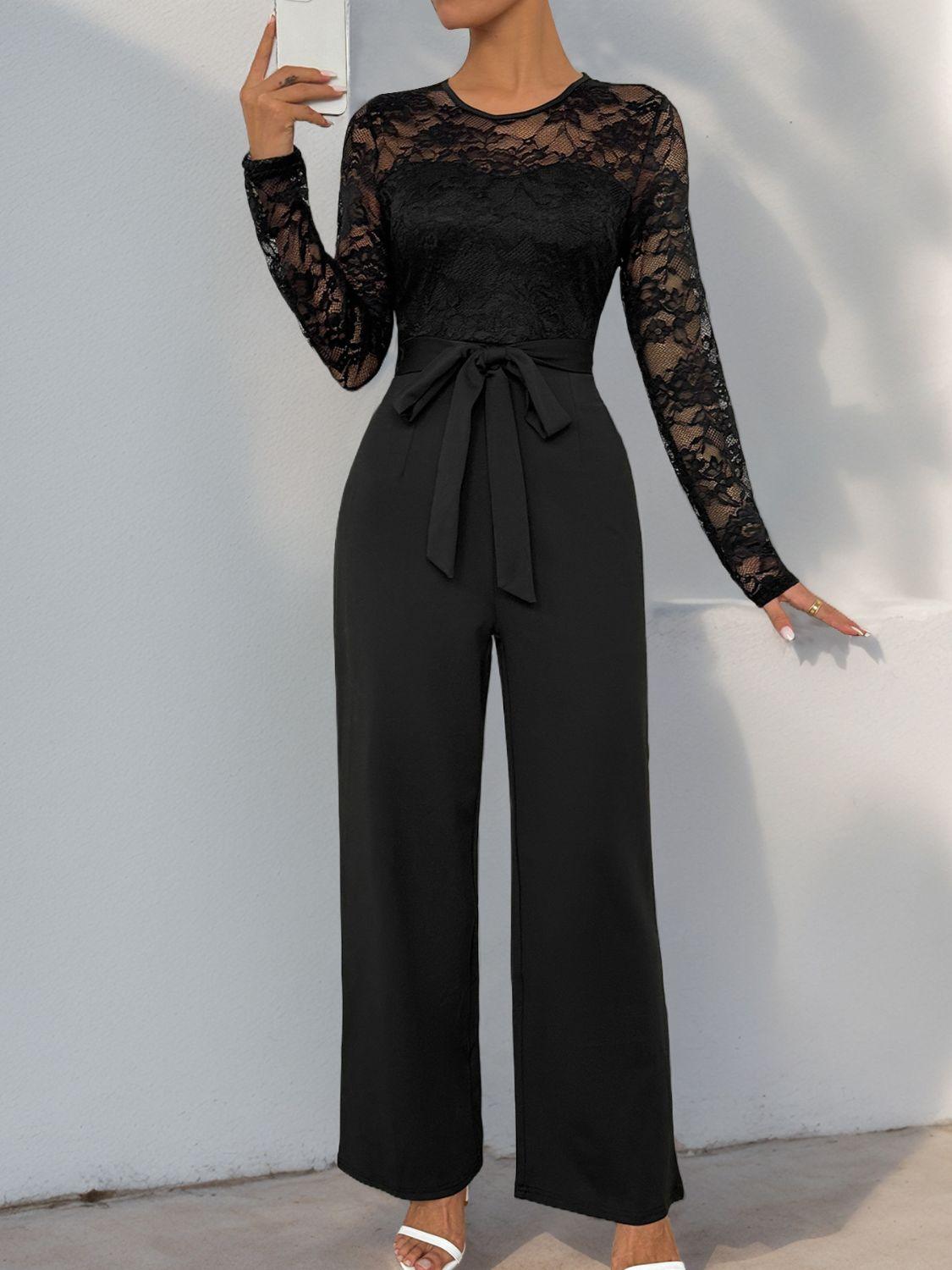 Perfee Lace Round Neck Long Sleeve Jumpsuit - Clothes For Her Online Store
