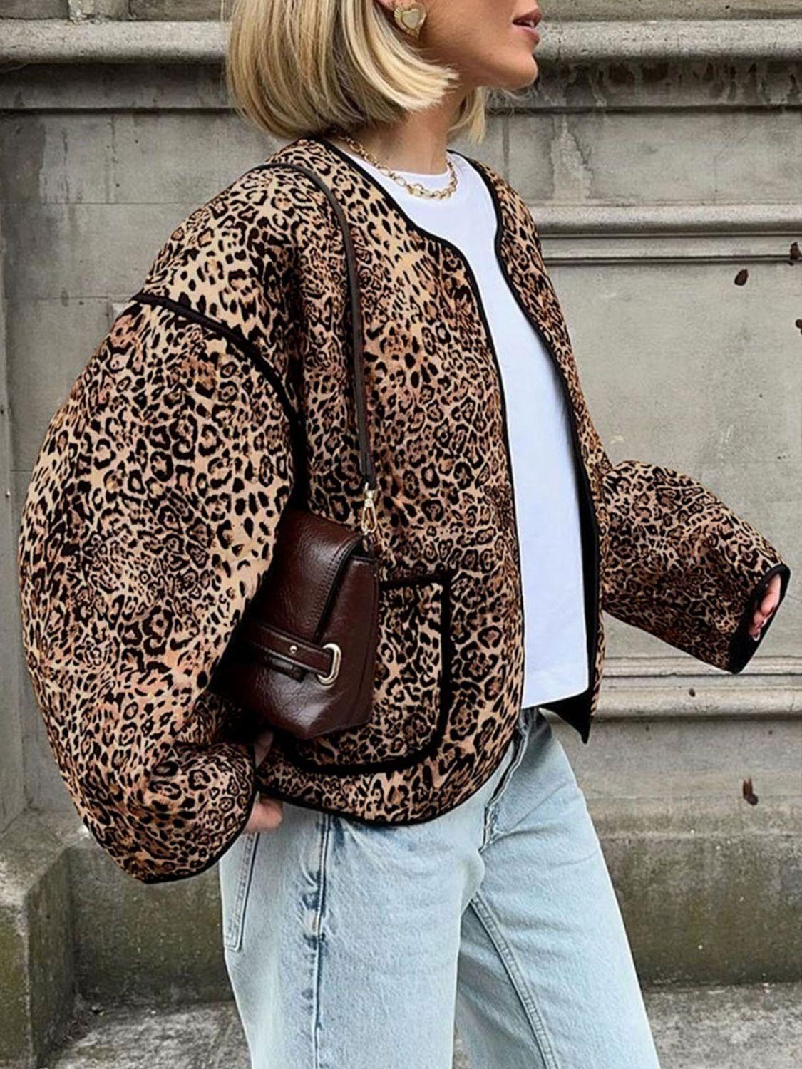 Perfee Leopard Open Front Long Sleeve Jacket - Clothes For Her Online Store