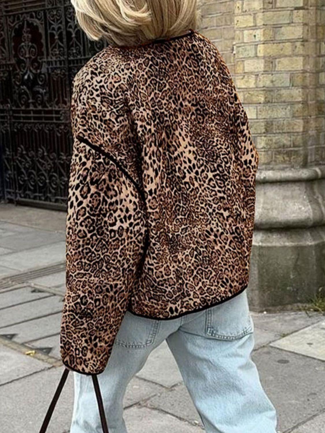 Perfee Leopard Open Front Long Sleeve Jacket - Clothes For Her Online Store