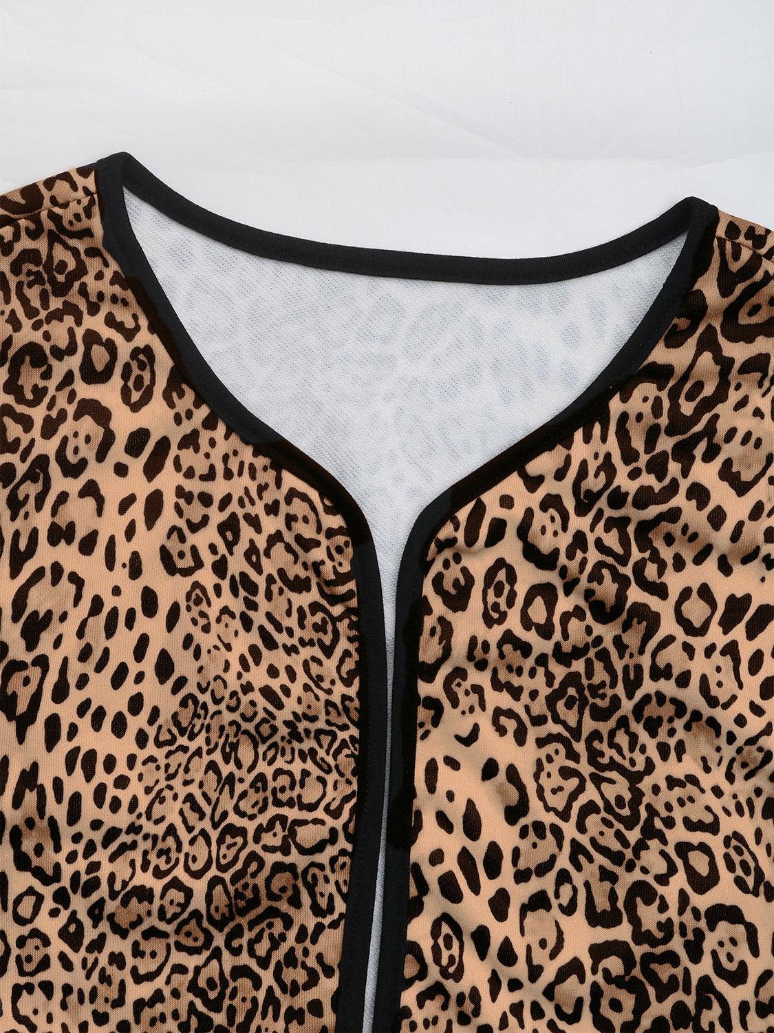 Perfee Leopard Open Front Long Sleeve Jacket - Clothes For Her Online Store