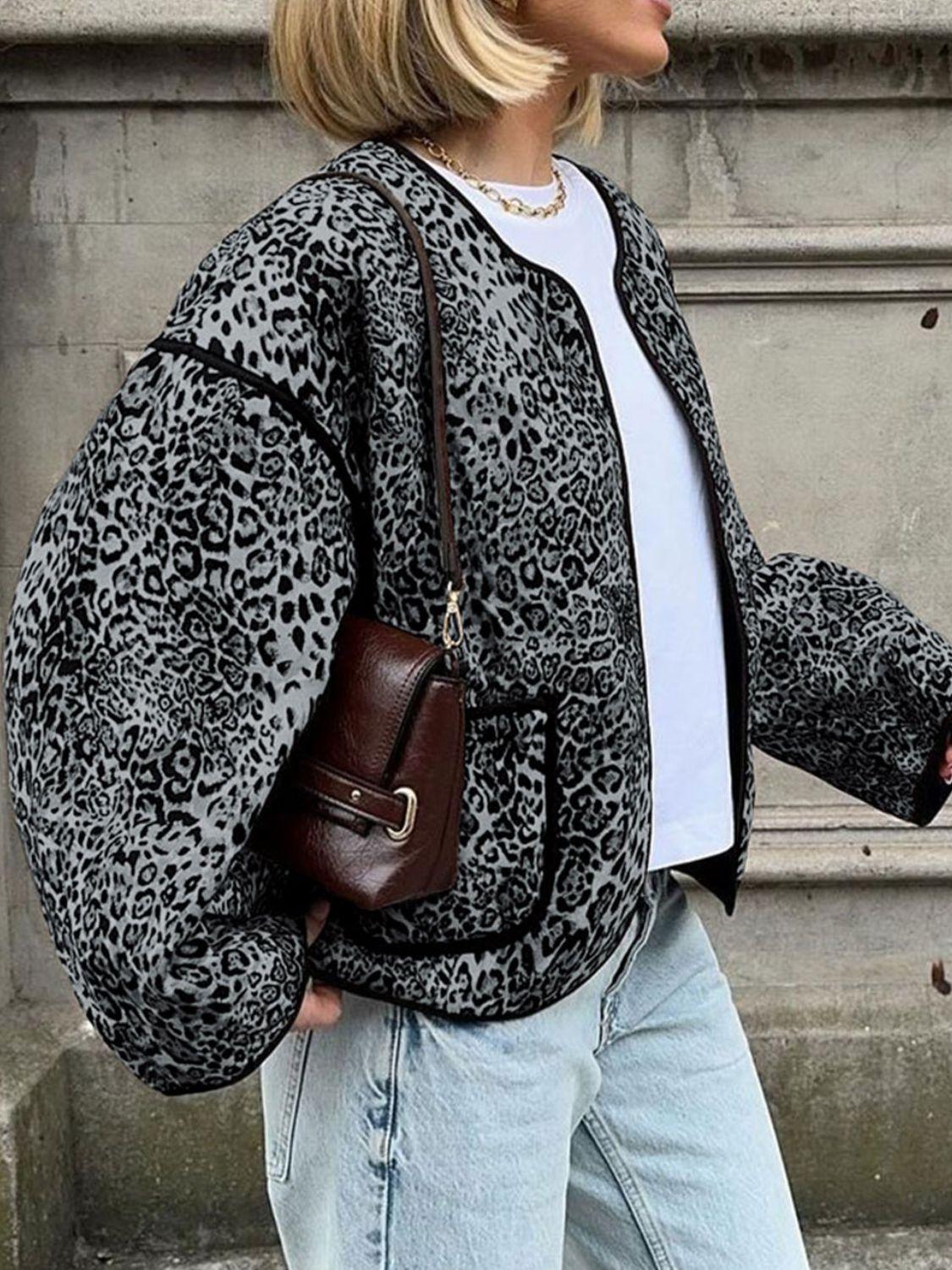 Perfee Leopard Open Front Long Sleeve Jacket - Clothes For Her Online Store