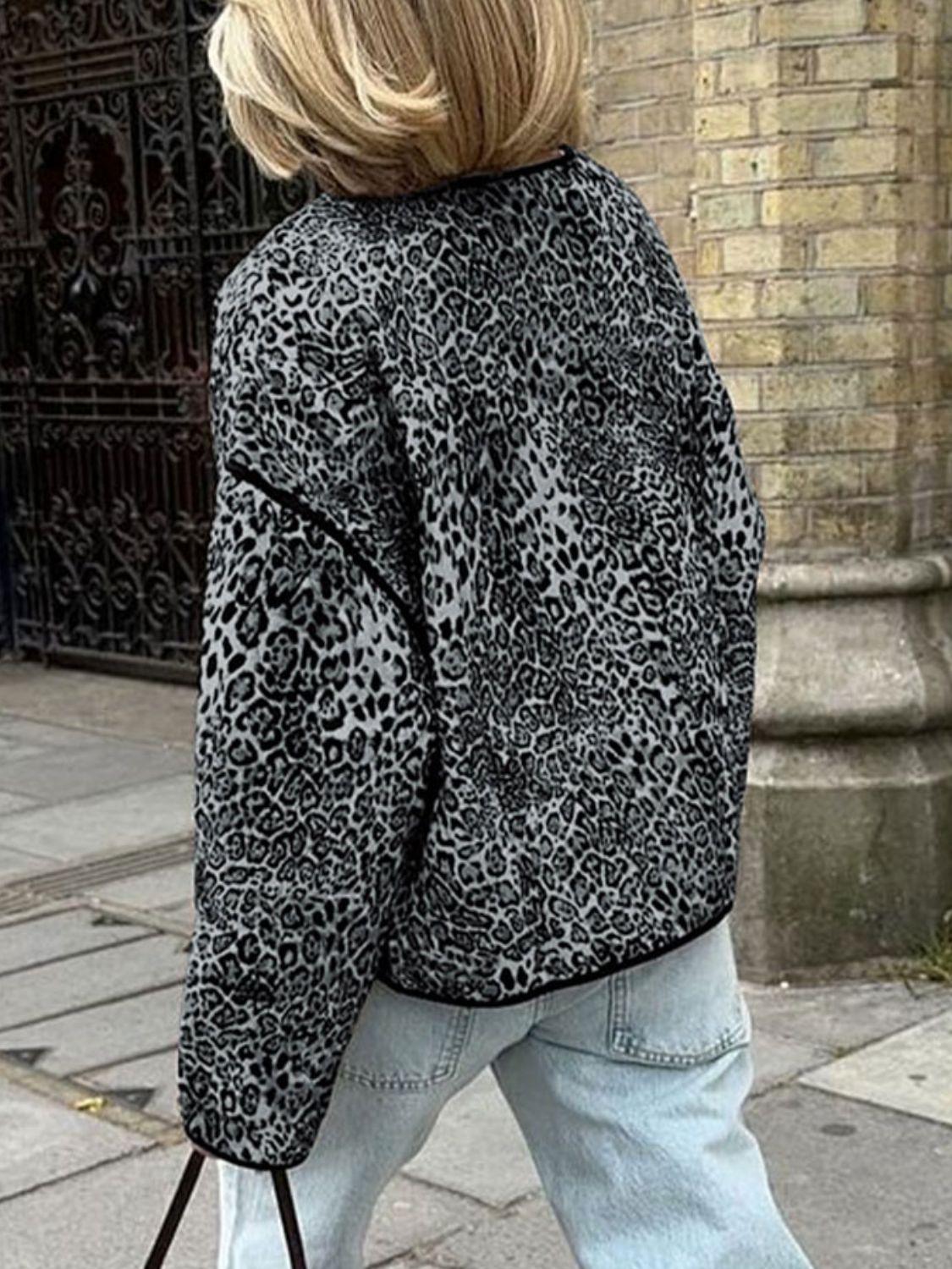 Perfee Leopard Open Front Long Sleeve Jacket - Clothes For Her Online Store