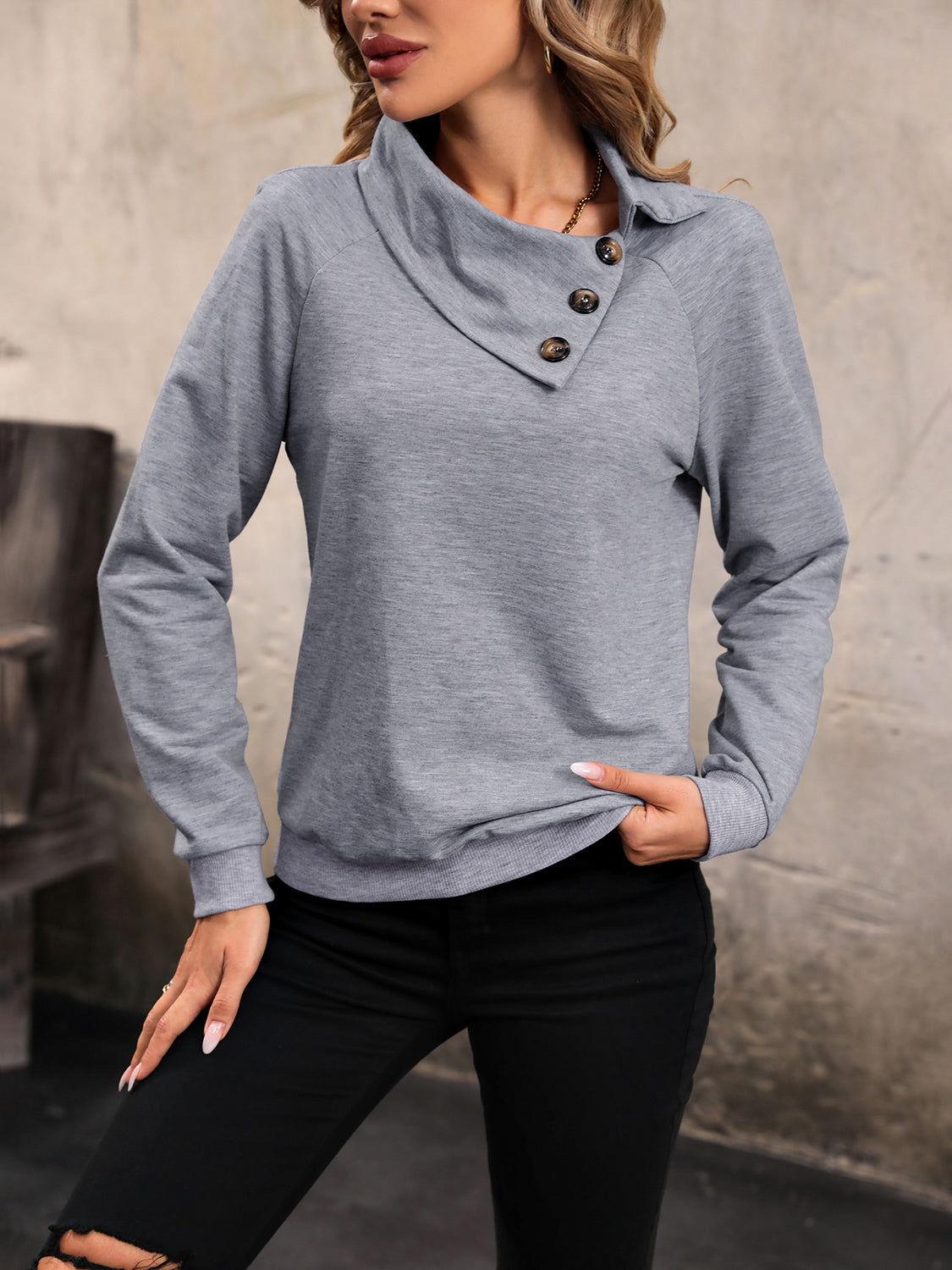 Perfee Mock Neck Raglan Sleeve Buttoned Sweatshirt - Clothes For Her Online Store