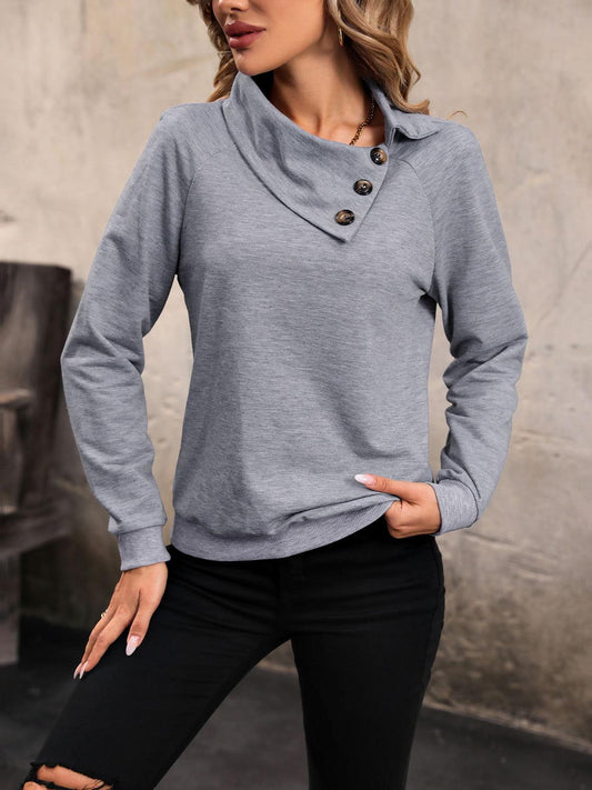Perfee Mock Neck Raglan Sleeve Buttoned Sweatshirt - Clothes For Her Online Store