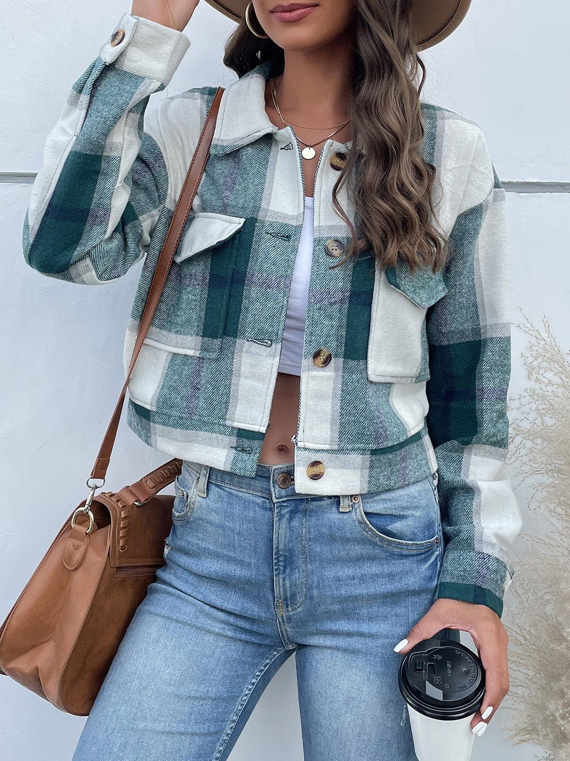 Perfee Plaid Button Up Drop Shoulder Cropped Jacket - Clothes For Her Online Store