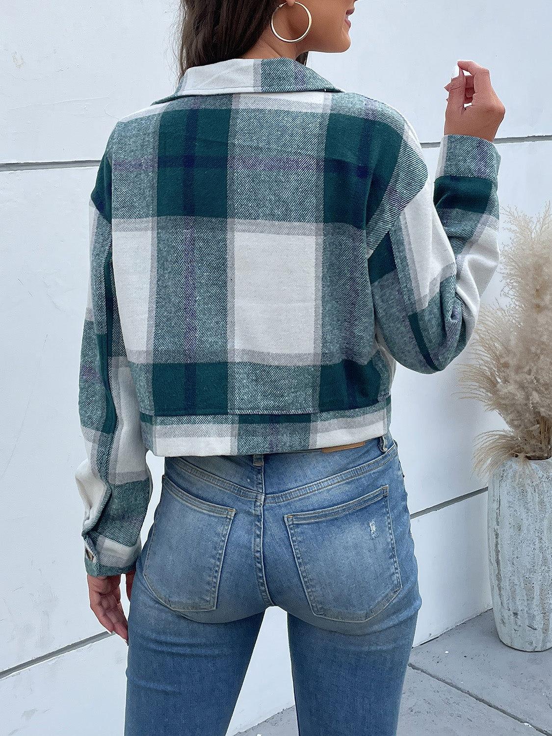 Perfee Plaid Button Up Drop Shoulder Cropped Jacket - Clothes For Her Online Store