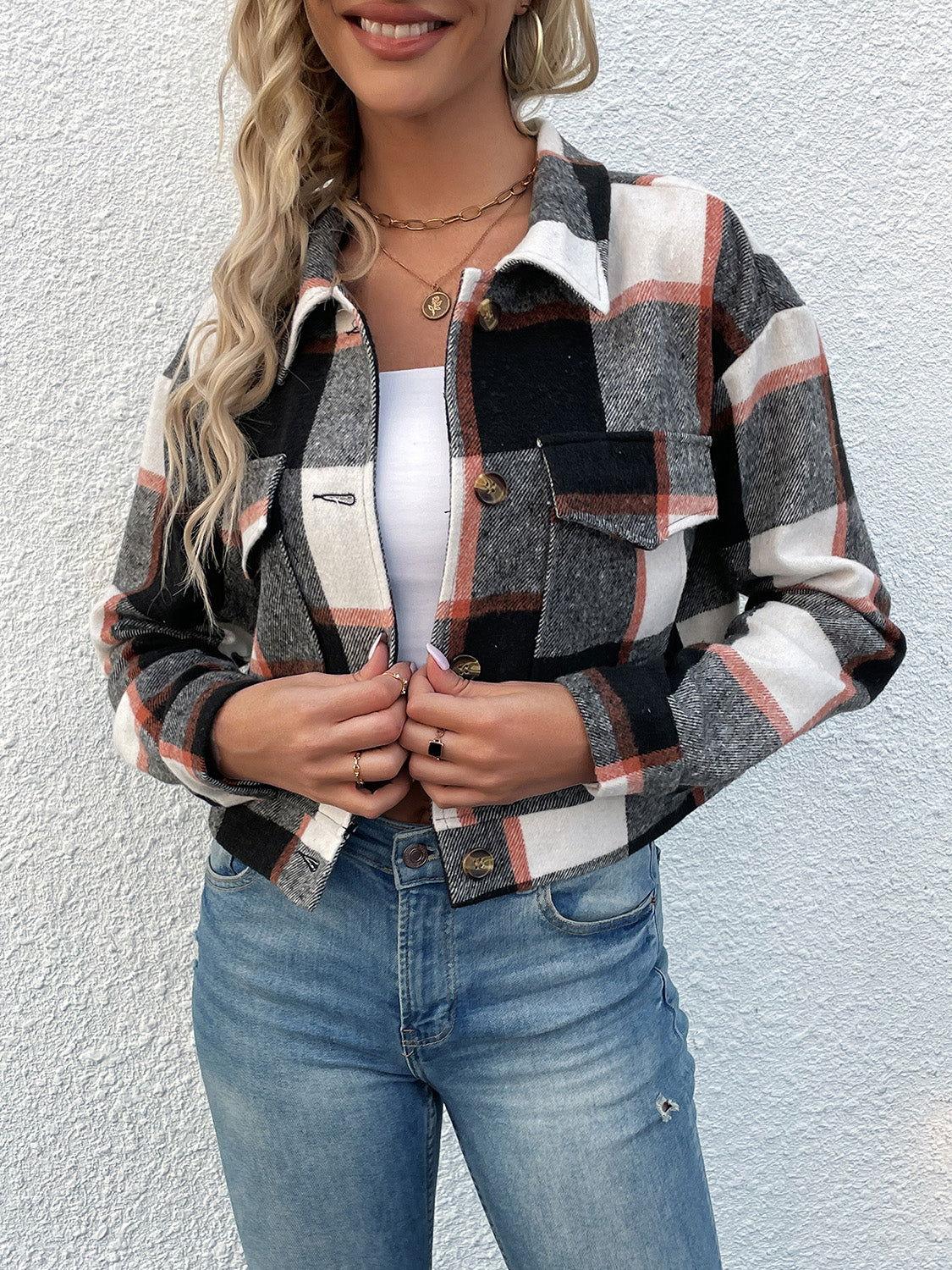 Perfee Plaid Button Up Drop Shoulder Cropped Jacket - Clothes For Her Online Store