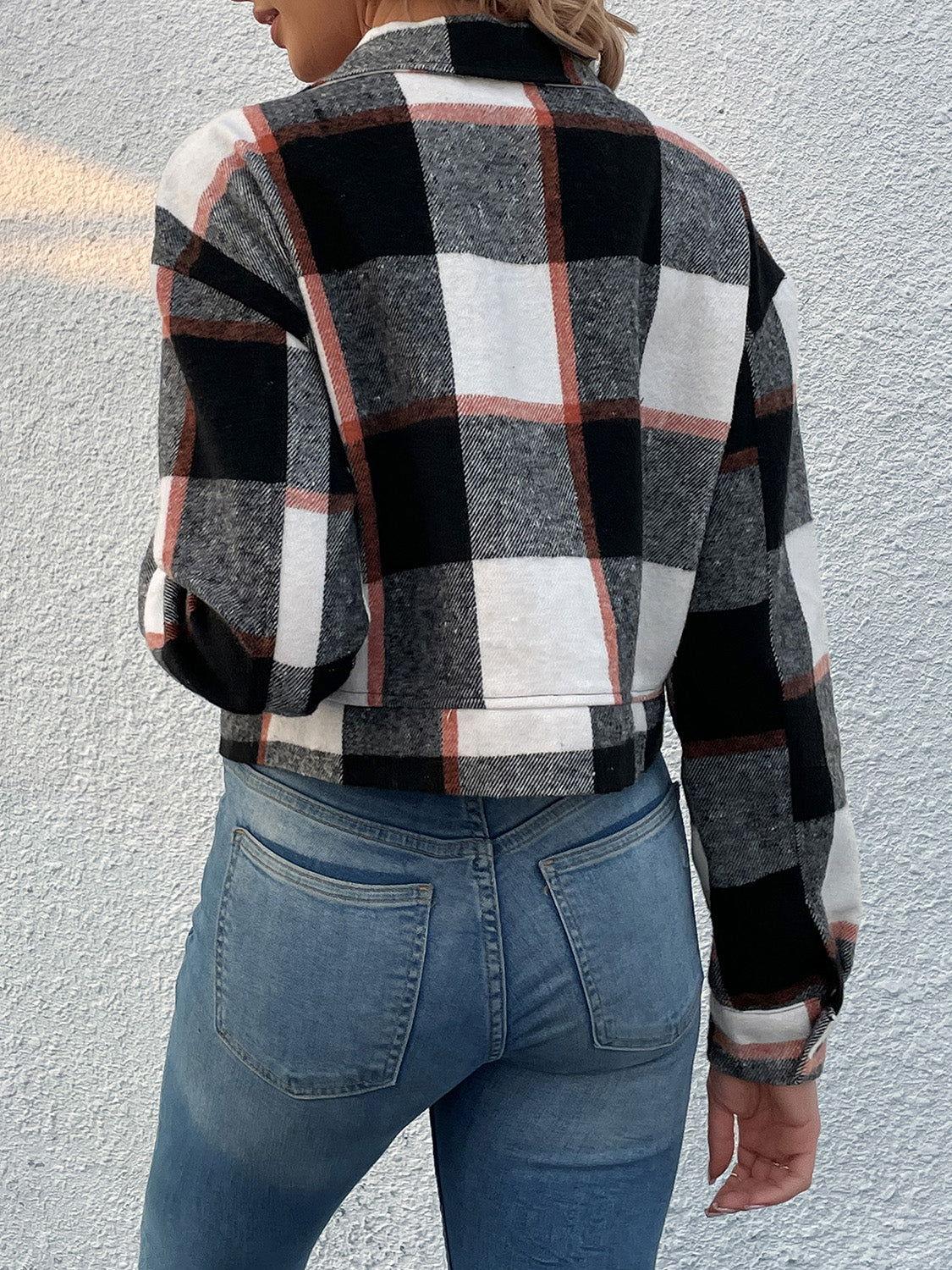 Perfee Plaid Button Up Drop Shoulder Cropped Jacket - Clothes For Her Online Store