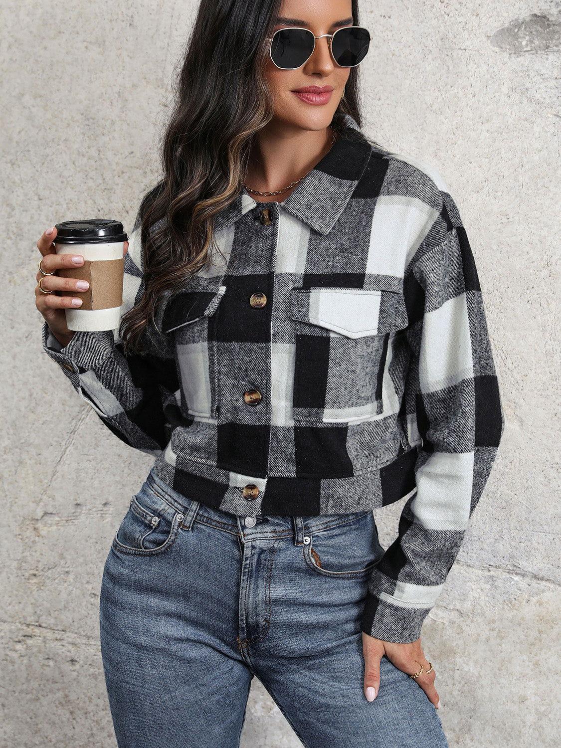 Perfee Plaid Button Up Drop Shoulder Cropped Jacket - Clothes For Her Online Store