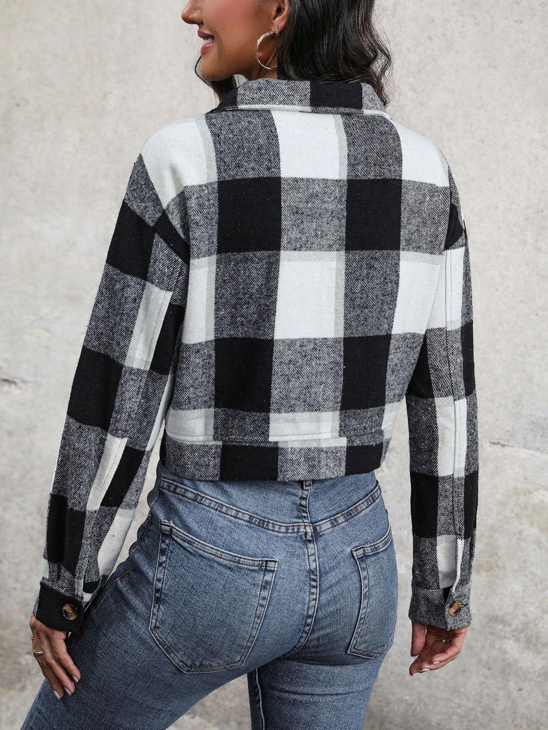 Perfee Plaid Button Up Drop Shoulder Cropped Jacket - Clothes For Her Online Store