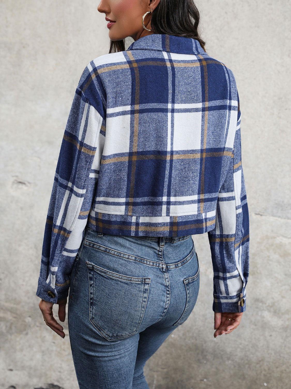 Perfee Plaid Button Up Drop Shoulder Cropped Jacket - Clothes For Her Online Store