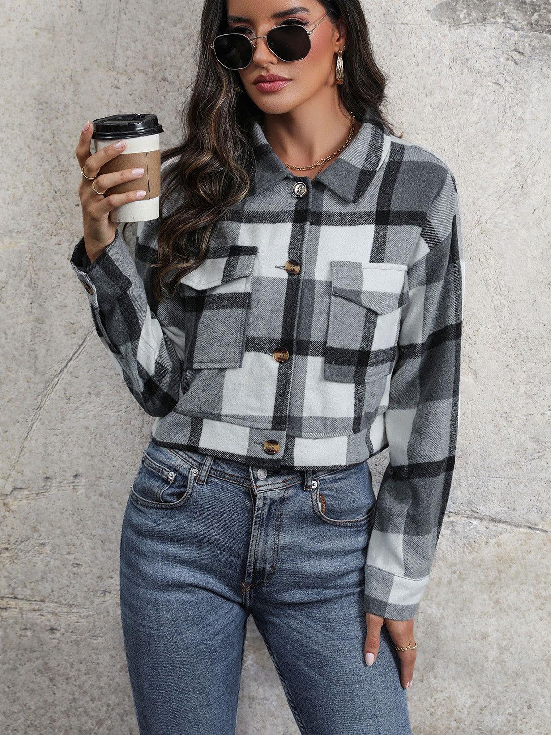 Perfee Plaid Button Up Drop Shoulder Cropped Jacket - Clothes For Her Online Store