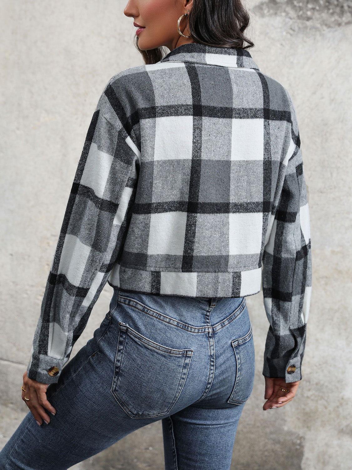 Perfee Plaid Button Up Drop Shoulder Cropped Jacket - Clothes For Her Online Store