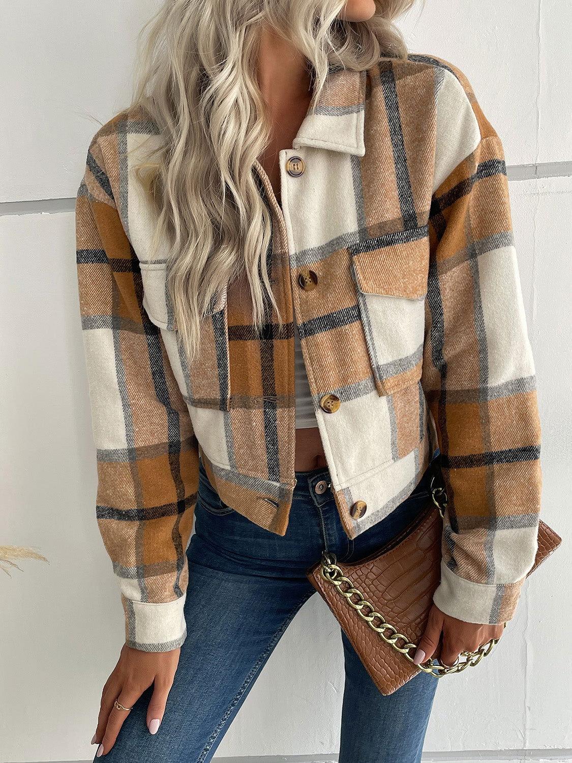 Perfee Plaid Button Up Drop Shoulder Cropped Jacket - Clothes For Her Online Store