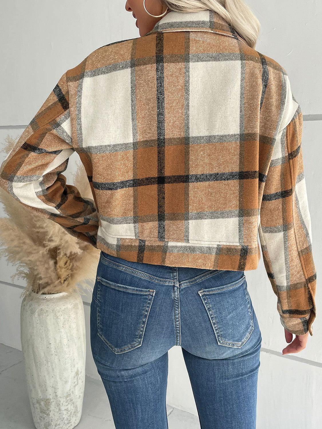 Perfee Plaid Button Up Drop Shoulder Cropped Jacket - Clothes For Her Online Store