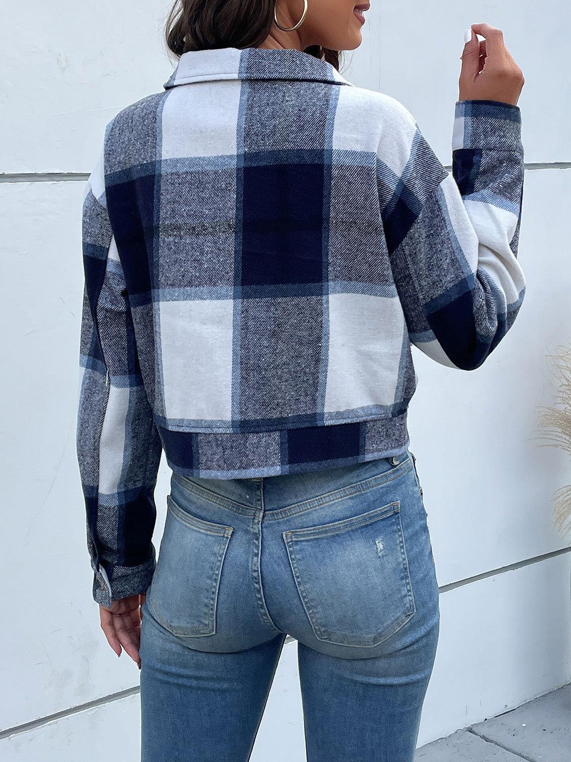 Perfee Plaid Button Up Drop Shoulder Cropped Jacket - Clothes For Her Online Store